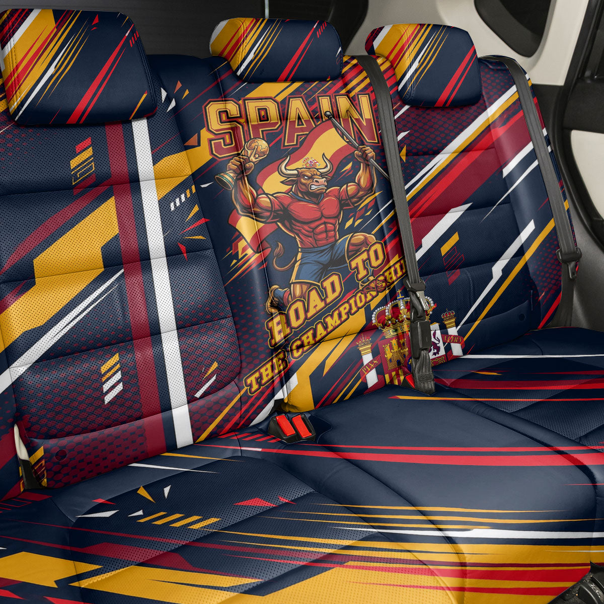 Spain Football Road To Championship Back Car Seat Cover Bull Mascot Flying Soccer Ball - Dynamic Speed Stripes