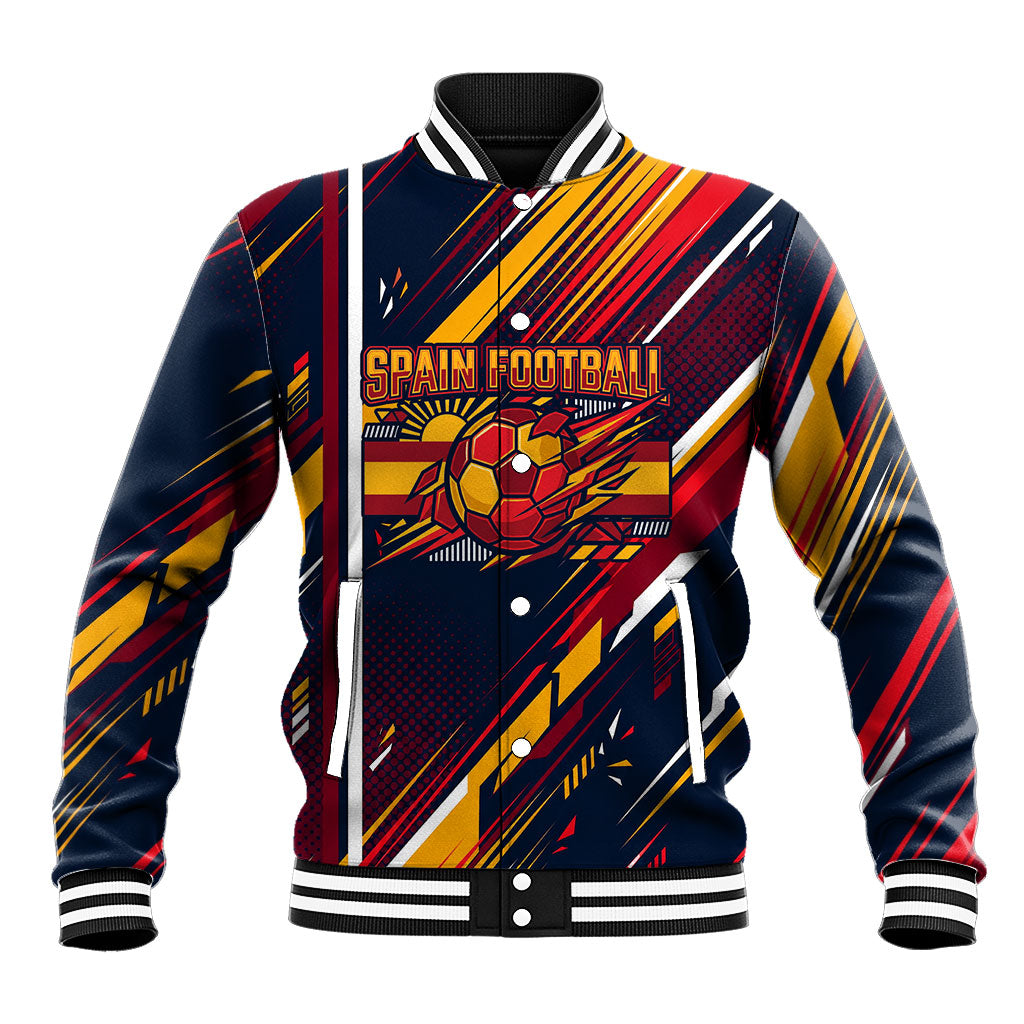 Spain Football Road To Championship Baseball Jacket Bull Mascot Flying Soccer Ball - Dynamic Speed Stripes