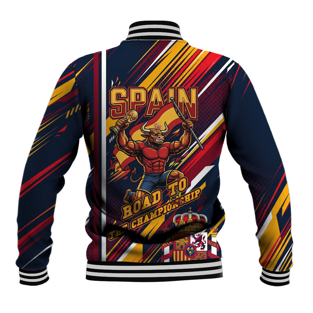 Spain Football Road To Championship Baseball Jacket Bull Mascot Flying Soccer Ball - Dynamic Speed Stripes