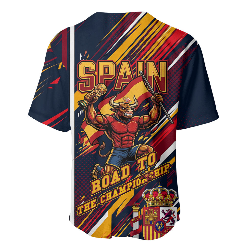 Spain Football Road To Championship Baseball Jersey Bull Mascot Flying Soccer Ball - Dynamic Speed Stripes