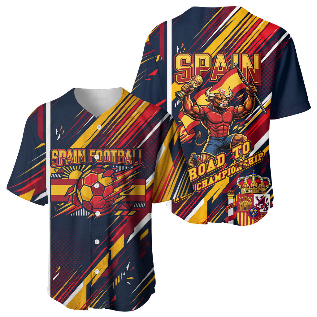 Spain Football Road To Championship Baseball Jersey Bull Mascot Flying Soccer Ball - Dynamic Speed Stripes