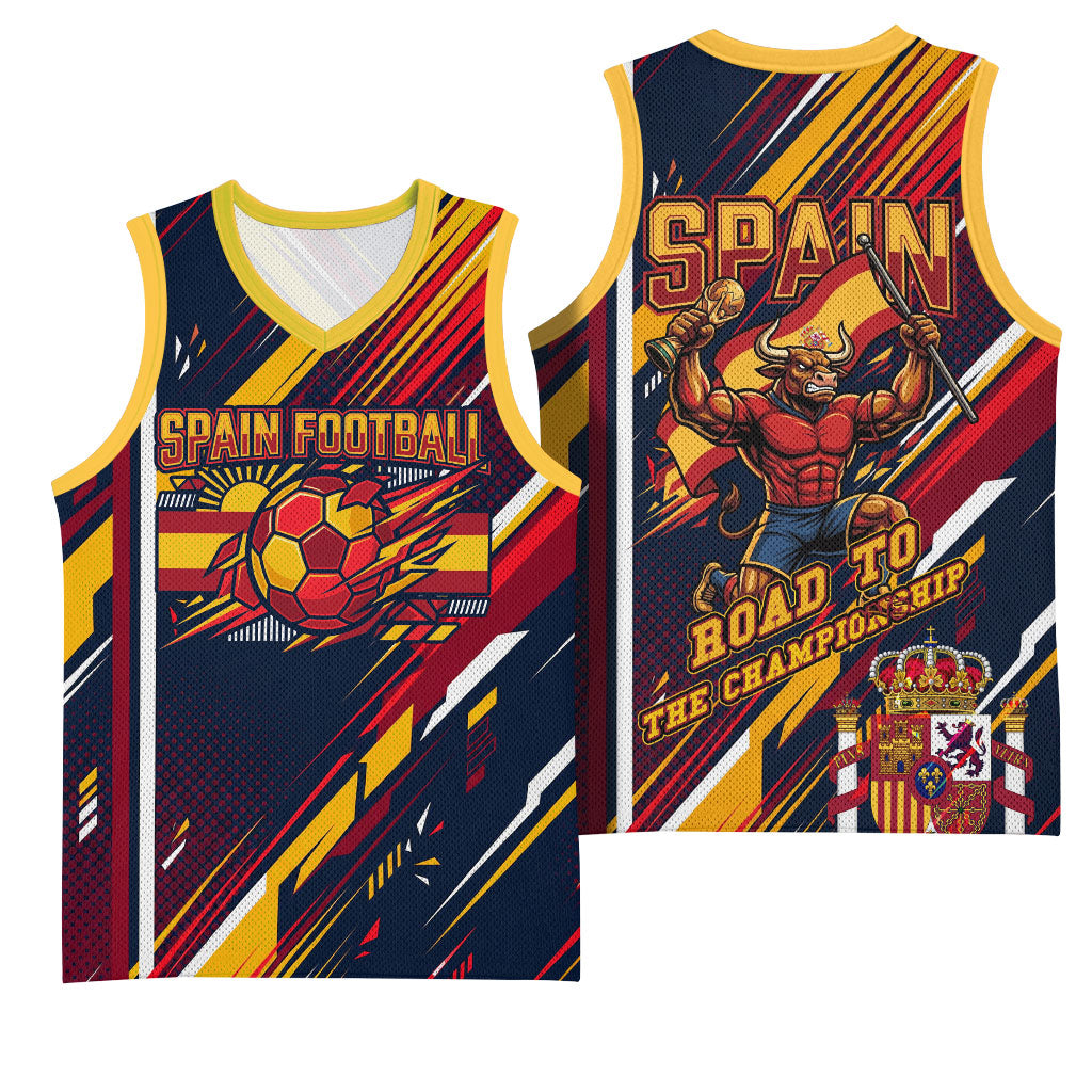 Spain Football Road To Championship Basketball Jersey Bull Mascot Flying Soccer Ball - Dynamic Speed Stripes