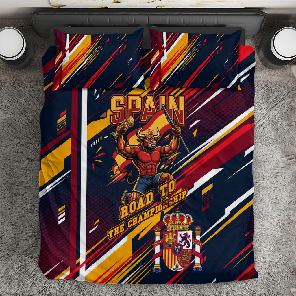 Spain Football Road To Championship Bedding Set Bull Mascot Flying Soccer Ball - Dynamic Speed Stripes