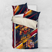 Spain Football Road To Championship Bedding Set Bull Mascot Flying Soccer Ball - Dynamic Speed Stripes