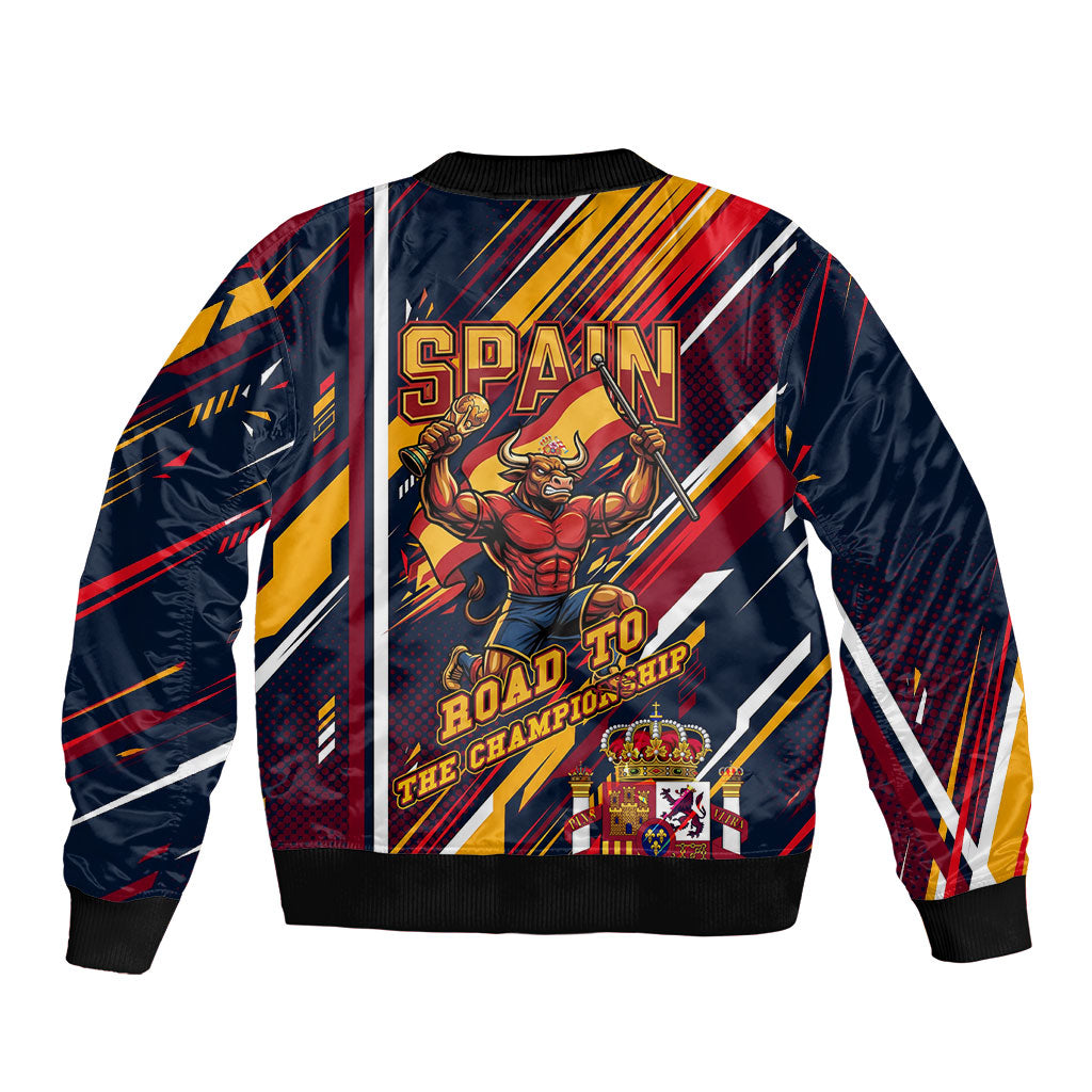 Spain Football Road To Championship Bomber Jacket Bull Mascot Flying Soccer Ball - Dynamic Speed Stripes