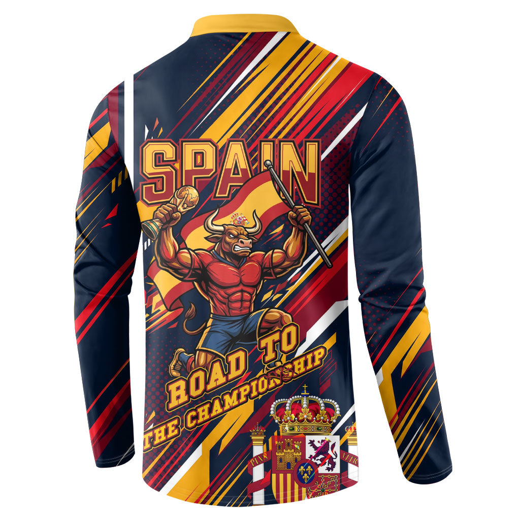 Spain Football Road To Championship Button Sweatshirt Bull Mascot Flying Soccer Ball - Dynamic Speed Stripes
