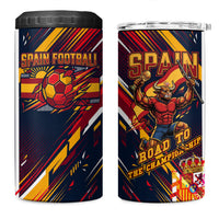 Spain Football Road To Championship 4 in 1 Can Cooler Tumbler Bull Mascot Flying Soccer Ball - Dynamic Speed Stripes