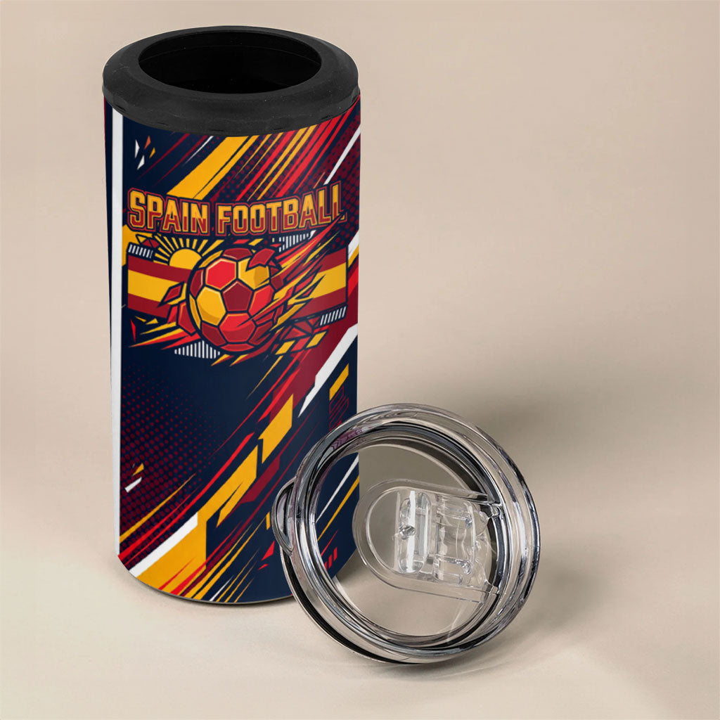 Spain Football Road To Championship 4 in 1 Can Cooler Tumbler Bull Mascot Flying Soccer Ball - Dynamic Speed Stripes