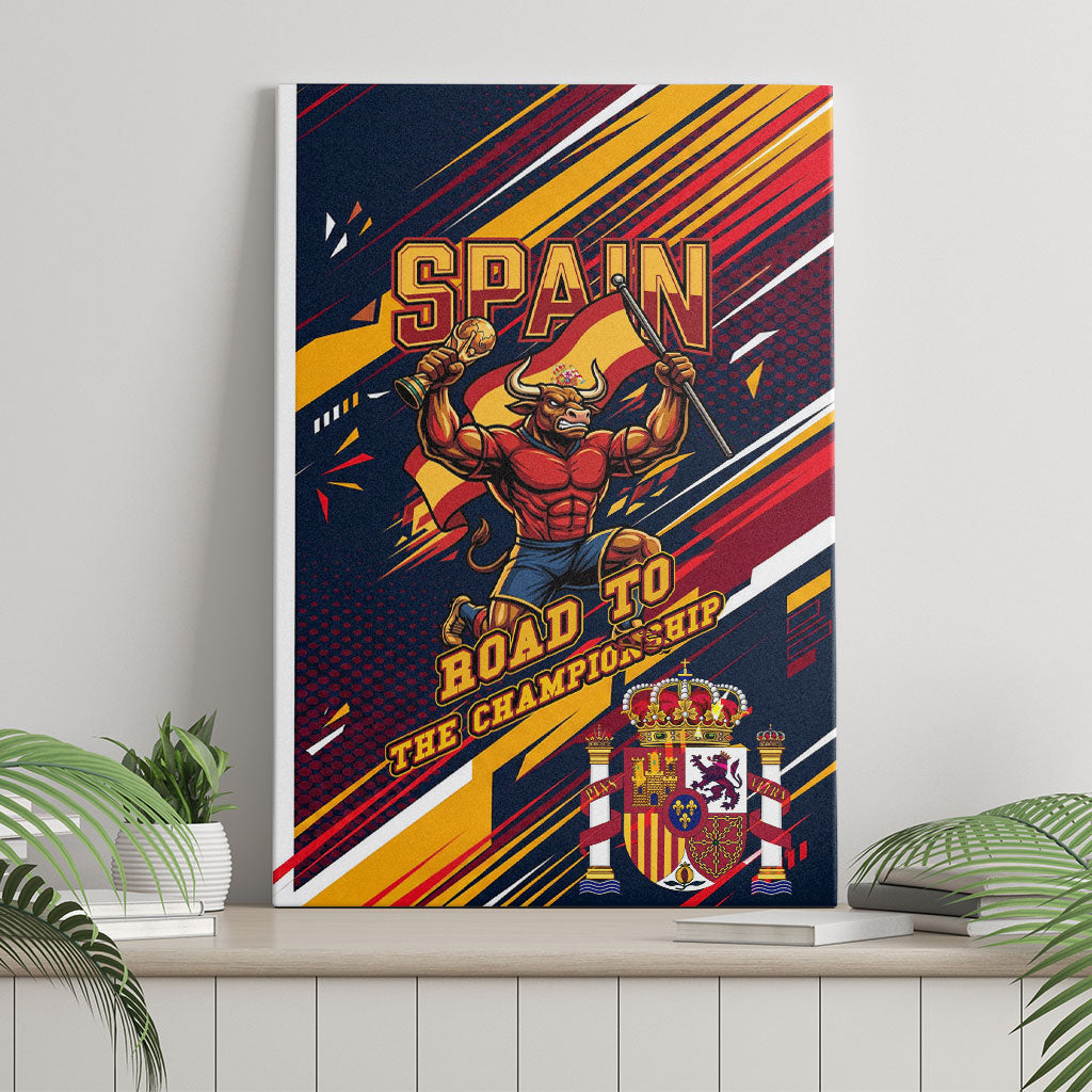 Spain Football Road To Championship Canvas Wall Art Bull Mascot Flying Soccer Ball - Dynamic Speed Stripes
