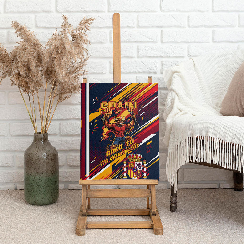 Spain Football Road To Championship Canvas Wall Art Bull Mascot Flying Soccer Ball - Dynamic Speed Stripes