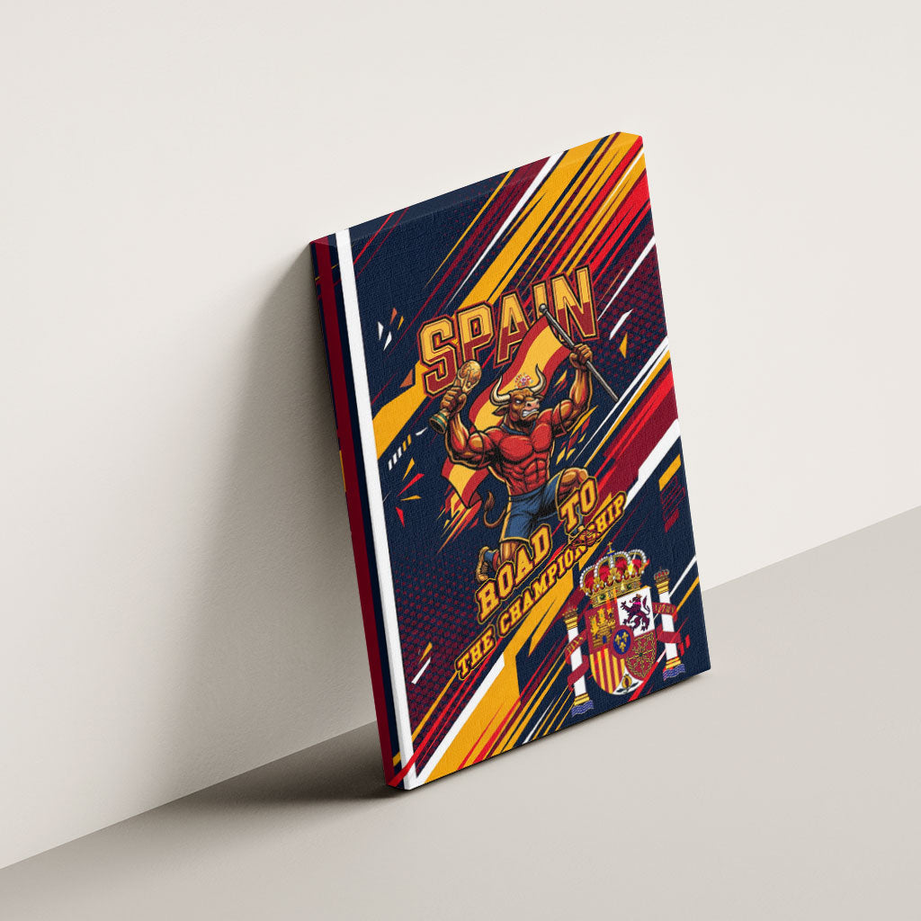 Spain Football Road To Championship Canvas Wall Art Bull Mascot Flying Soccer Ball - Dynamic Speed Stripes