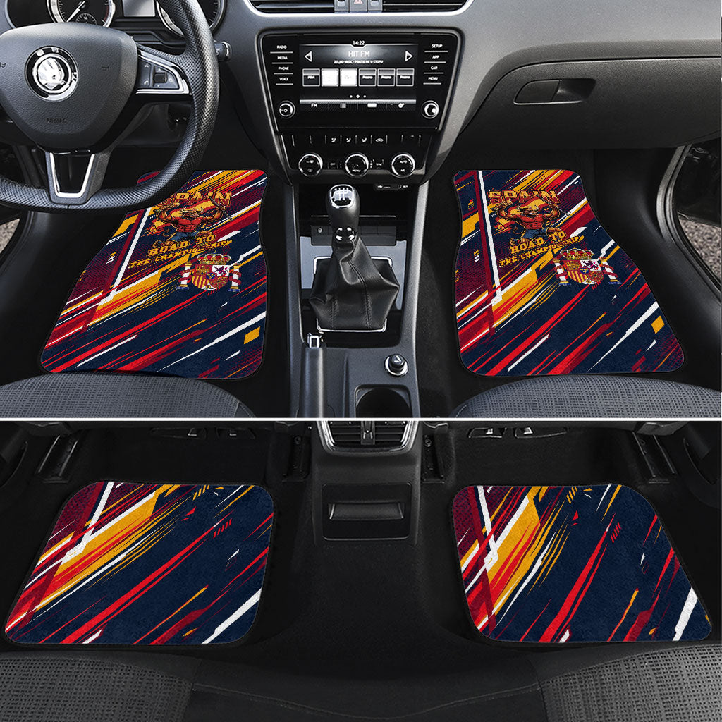 Spain Football Road To Championship Car Mats Bull Mascot Flying Soccer Ball - Dynamic Speed Stripes