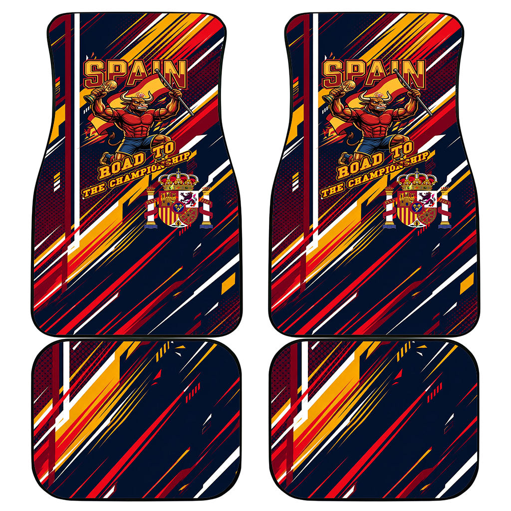 Spain Football Road To Championship Car Mats Bull Mascot Flying Soccer Ball - Dynamic Speed Stripes