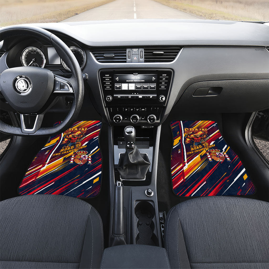 Spain Football Road To Championship Car Mats Bull Mascot Flying Soccer Ball - Dynamic Speed Stripes