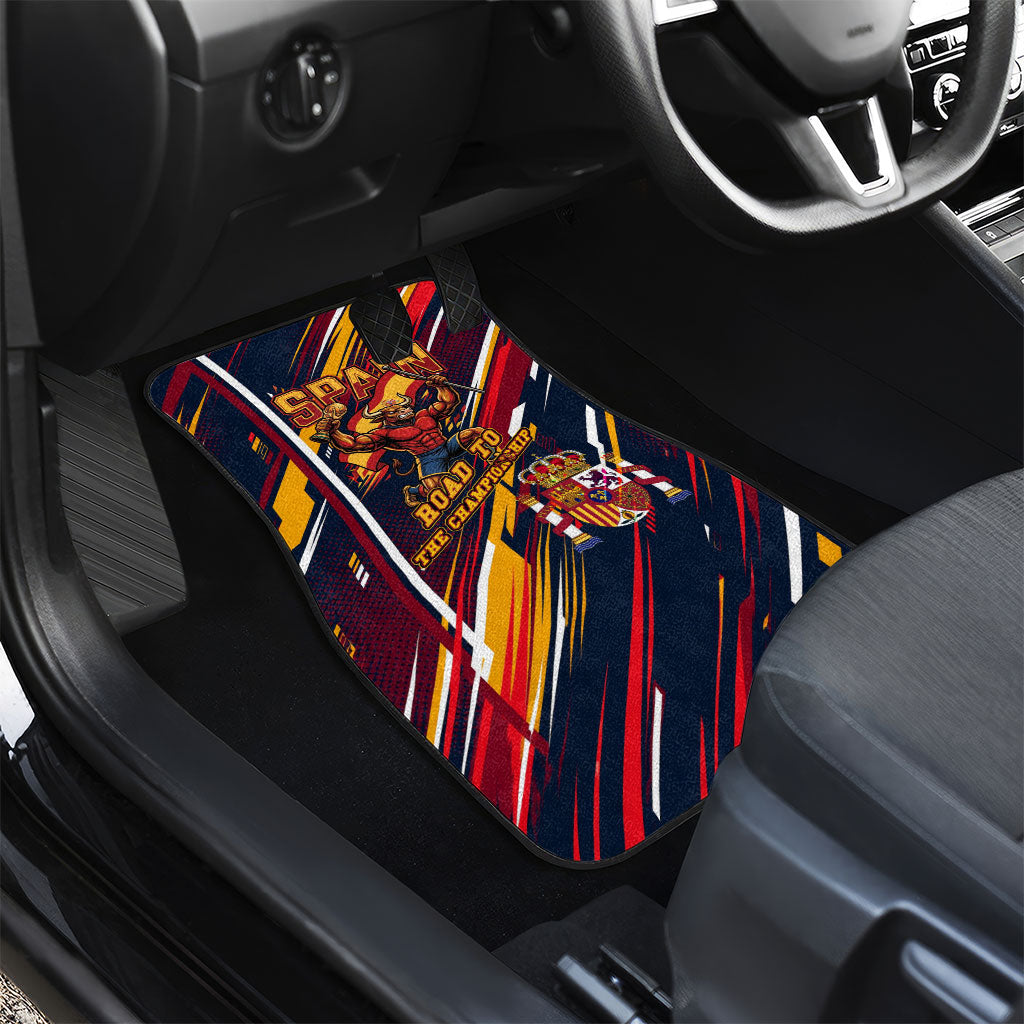 Spain Football Road To Championship Car Mats Bull Mascot Flying Soccer Ball - Dynamic Speed Stripes