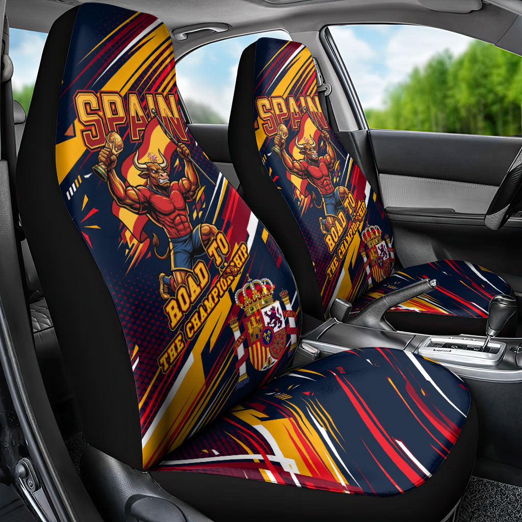 Spain Football Road To Championship Car Seat Cover Bull Mascot Flying Soccer Ball - Dynamic Speed Stripes