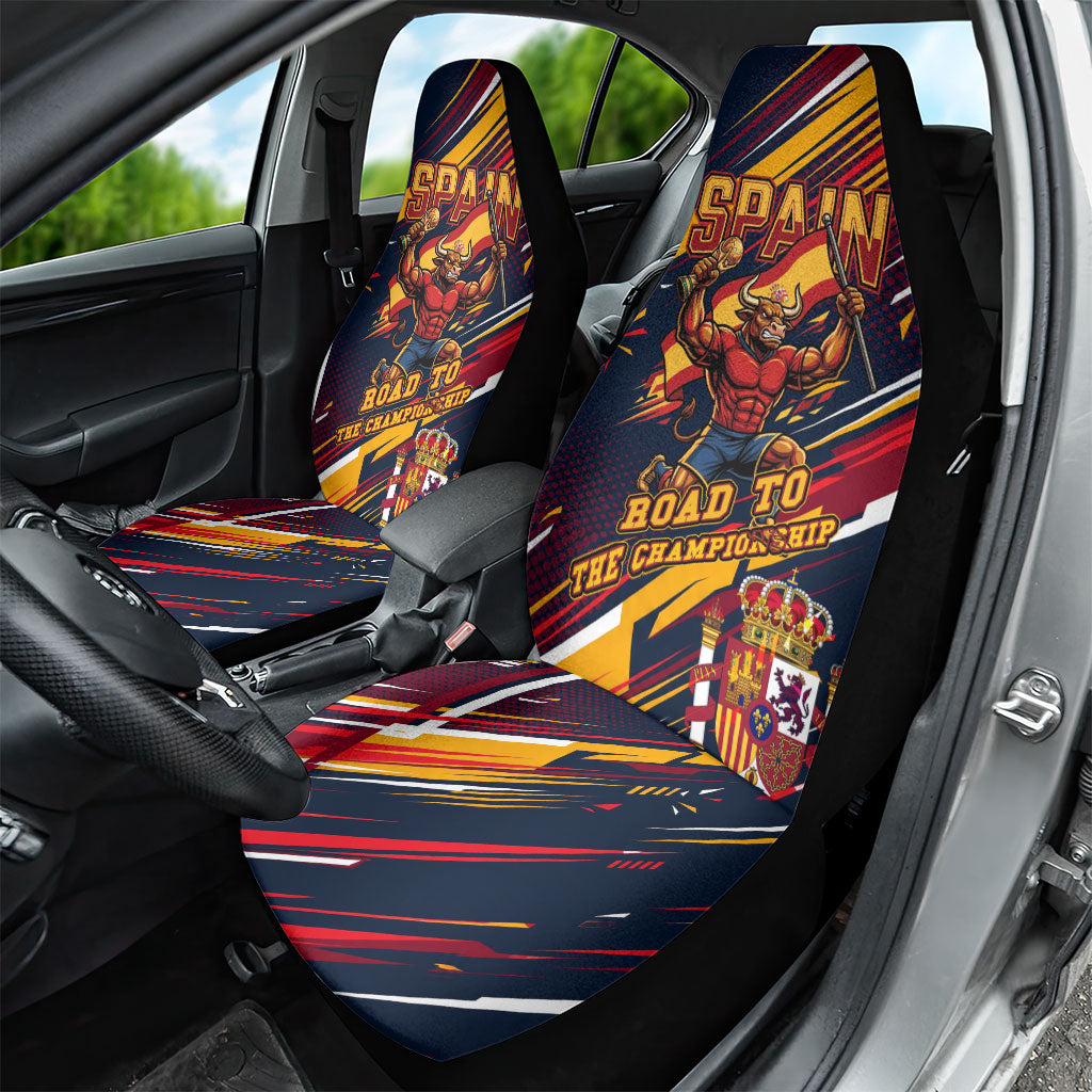 Spain Football Road To Championship Car Seat Cover Bull Mascot Flying Soccer Ball - Dynamic Speed Stripes