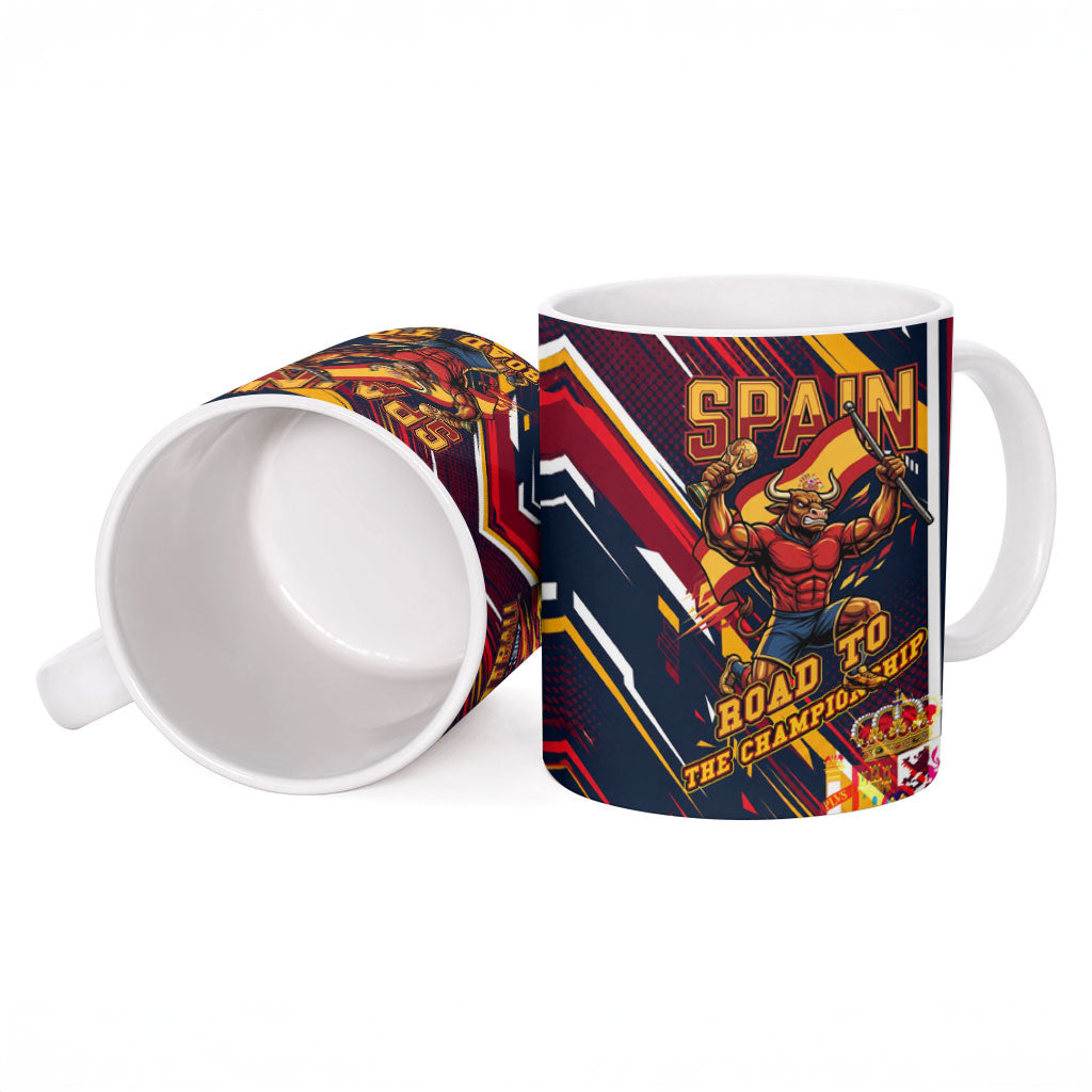 Spain Football Road To Championship Ceramic Mug Bull Mascot Flying Soccer Ball - Dynamic Speed Stripes