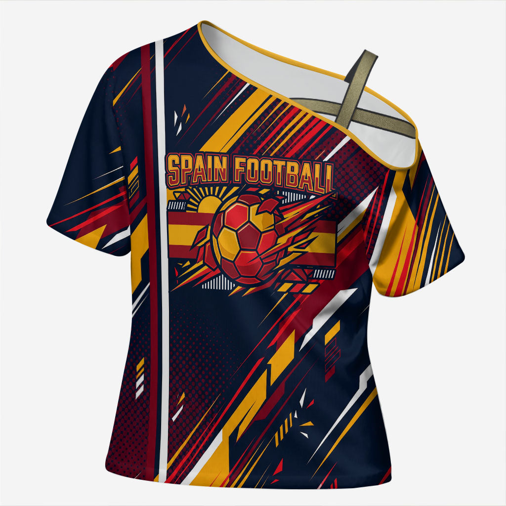 Spain Football Road To Championship Cross Shoulder Shirt Bull Mascot Flying Soccer Ball - Dynamic Speed Stripes