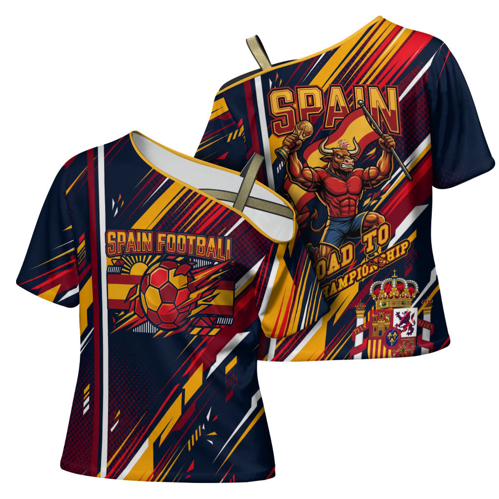 Spain Football Road To Championship Cross Shoulder Shirt Bull Mascot Flying Soccer Ball - Dynamic Speed Stripes