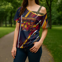 Spain Football Road To Championship Cross Shoulder Shirt Bull Mascot Flying Soccer Ball - Dynamic Speed Stripes