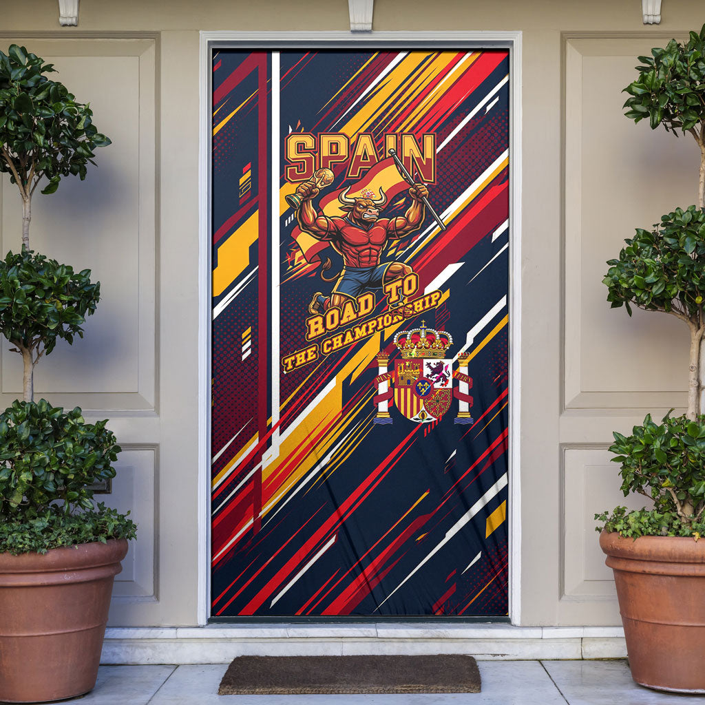Spain Football Road To Championship Door Cover Bull Mascot Flying Soccer Ball - Dynamic Speed Stripes