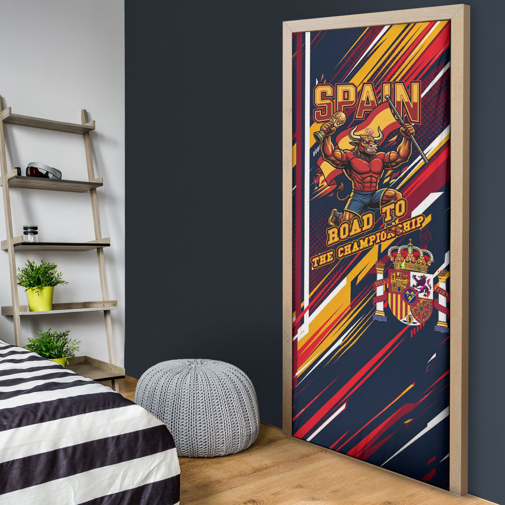 Spain Football Road To Championship Door Cover Bull Mascot Flying Soccer Ball - Dynamic Speed Stripes
