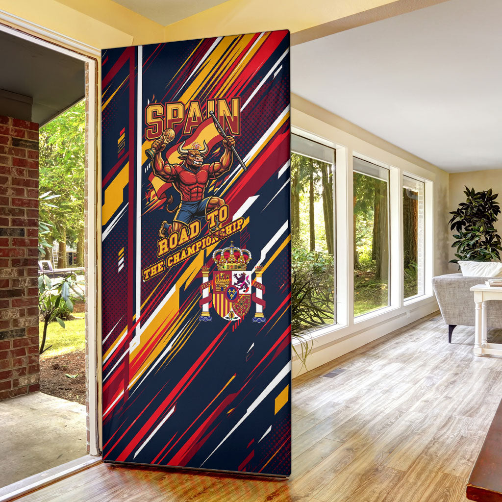 Spain Football Road To Championship Door Cover Bull Mascot Flying Soccer Ball - Dynamic Speed Stripes