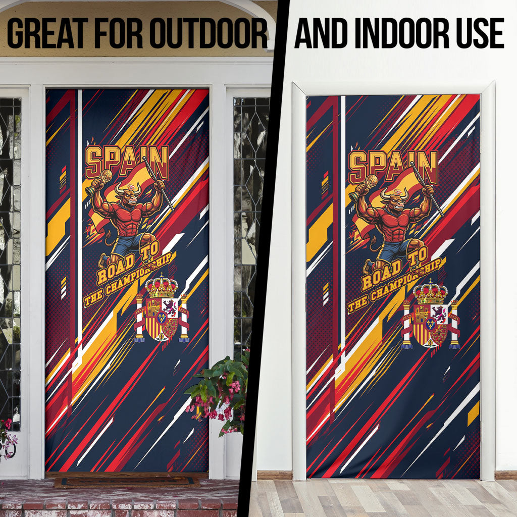 Spain Football Road To Championship Door Cover Bull Mascot Flying Soccer Ball - Dynamic Speed Stripes