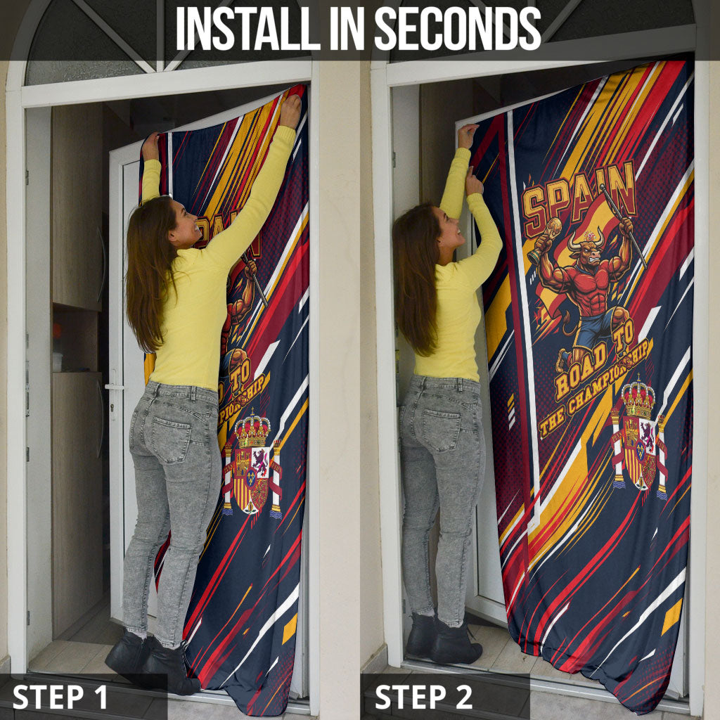 Spain Football Road To Championship Door Cover Bull Mascot Flying Soccer Ball - Dynamic Speed Stripes