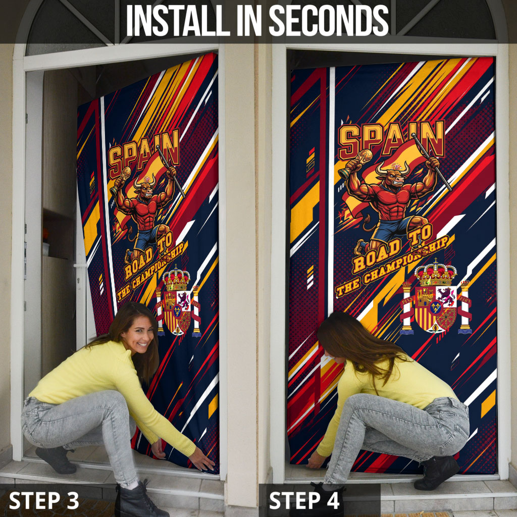 Spain Football Road To Championship Door Cover Bull Mascot Flying Soccer Ball - Dynamic Speed Stripes