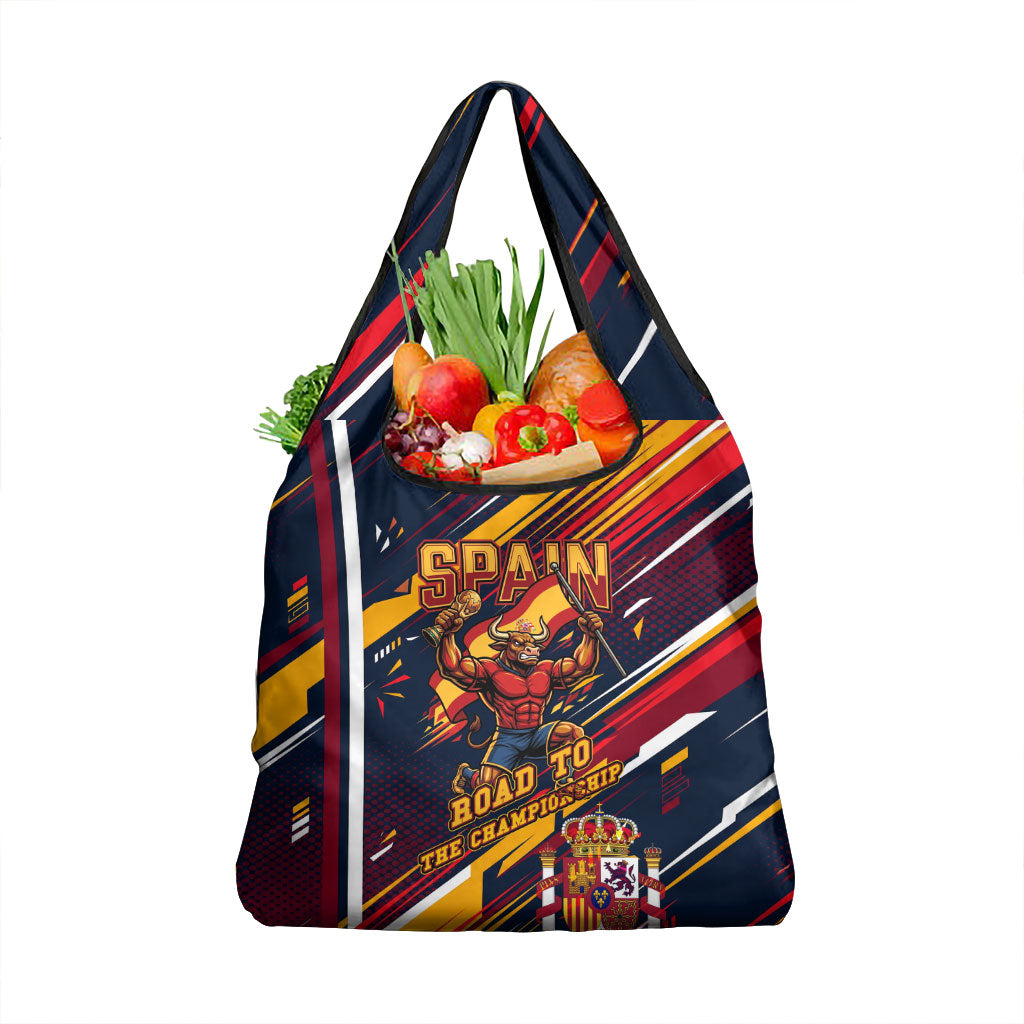 Spain Football Road To Championship Grocery Bag Bull Mascot Flying Soccer Ball - Dynamic Speed Stripes