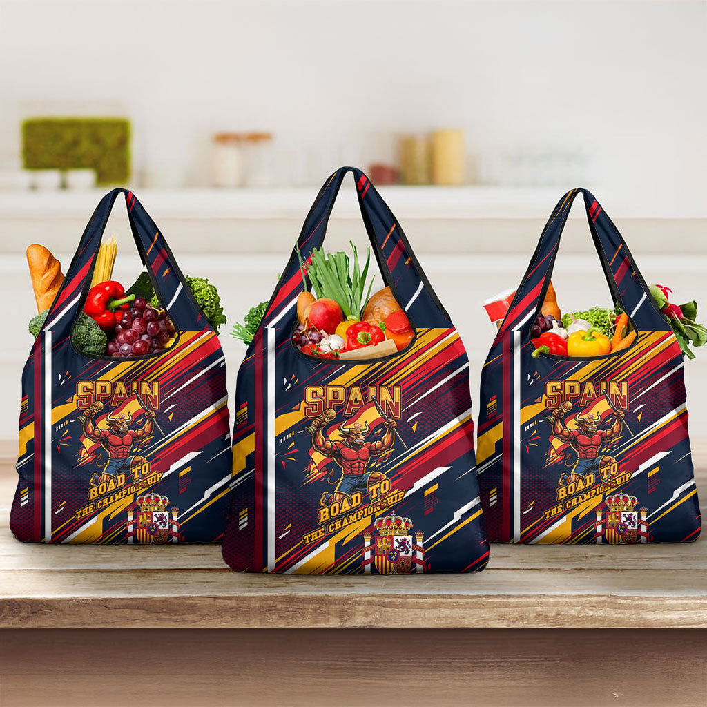 Spain Football Road To Championship Grocery Bag Bull Mascot Flying Soccer Ball - Dynamic Speed Stripes