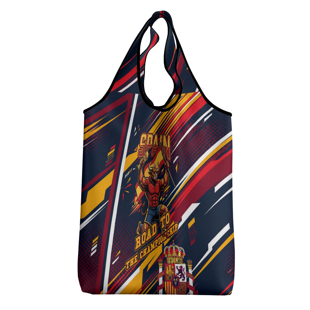 Spain Football Road To Championship Grocery Bag Bull Mascot Flying Soccer Ball - Dynamic Speed Stripes