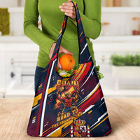 Spain Football Road To Championship Grocery Bag Bull Mascot Flying Soccer Ball - Dynamic Speed Stripes