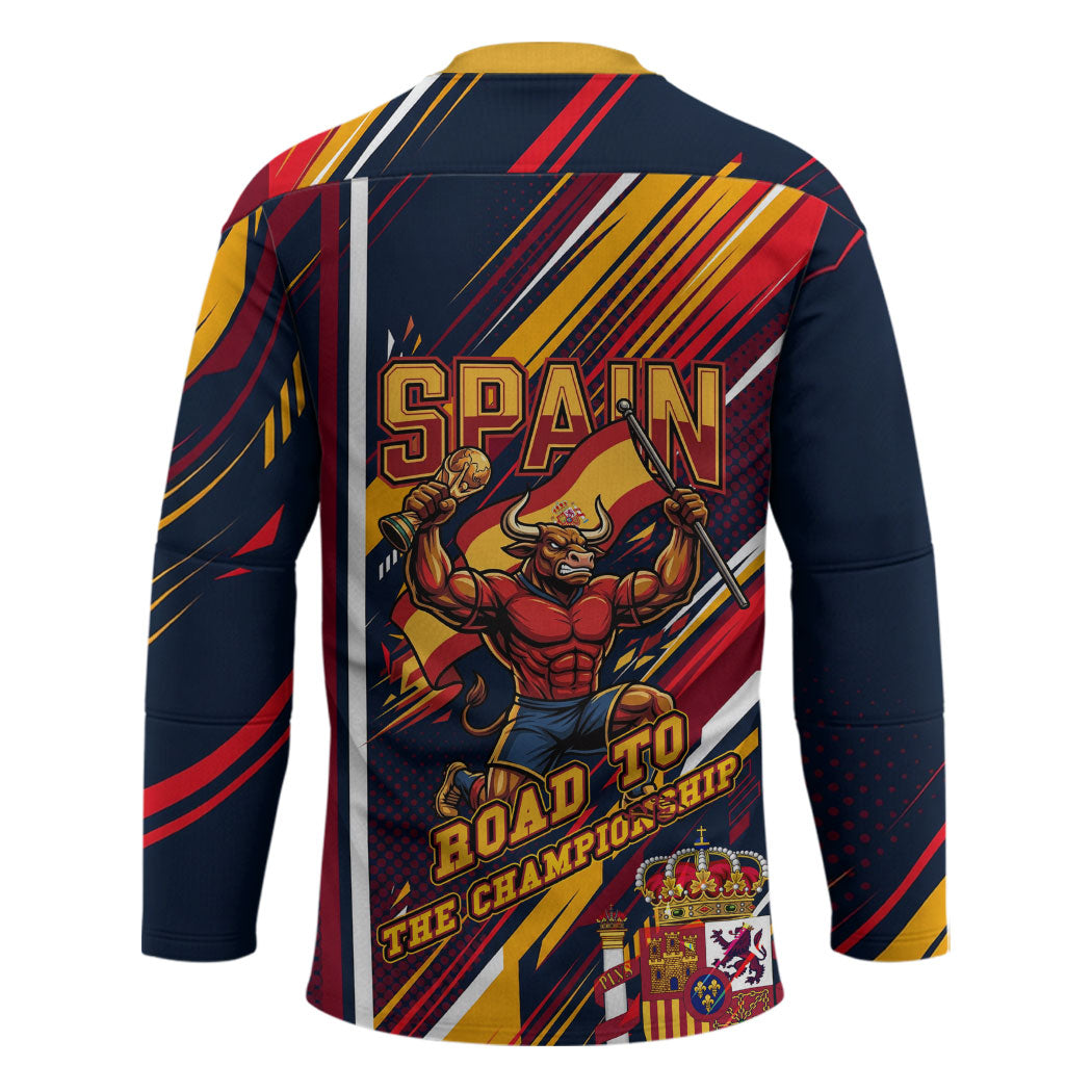 Spain Football Road To Championship Hockey Jersey Bull Mascot Flying Soccer Ball - Dynamic Speed Stripes