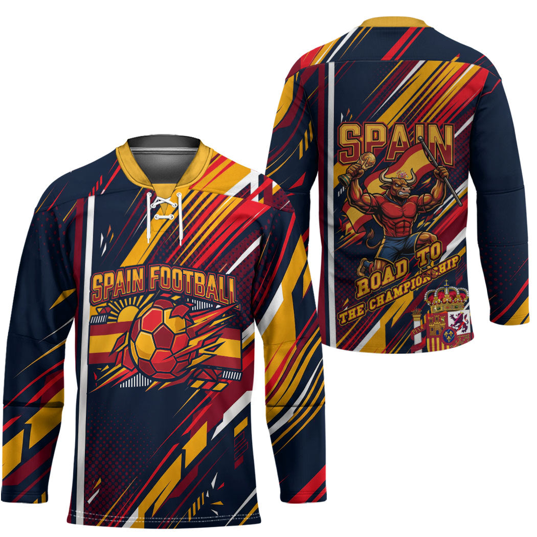 Spain Football Road To Championship Hockey Jersey Bull Mascot Flying Soccer Ball - Dynamic Speed Stripes