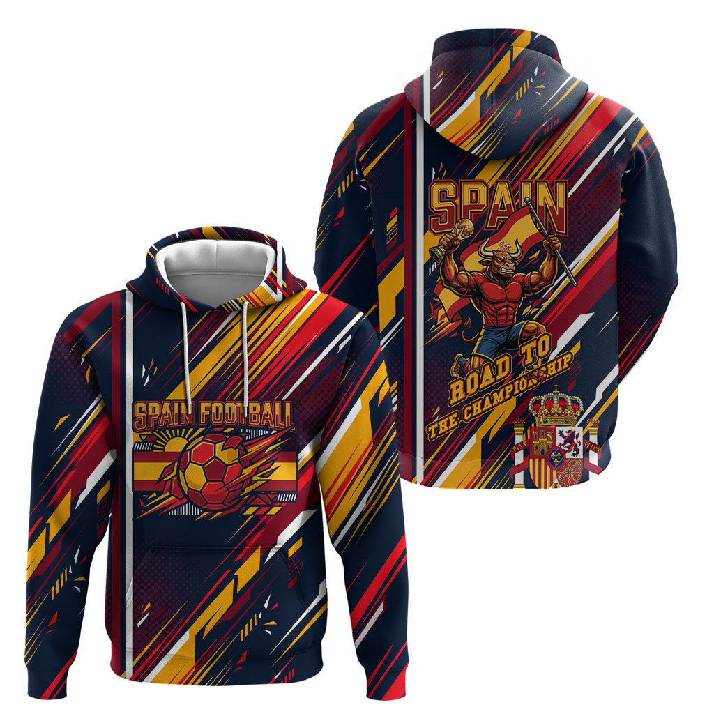 Spain Football Road To Championship Hoodie Bull Mascot Flying Soccer Ball - Dynamic Speed Stripes