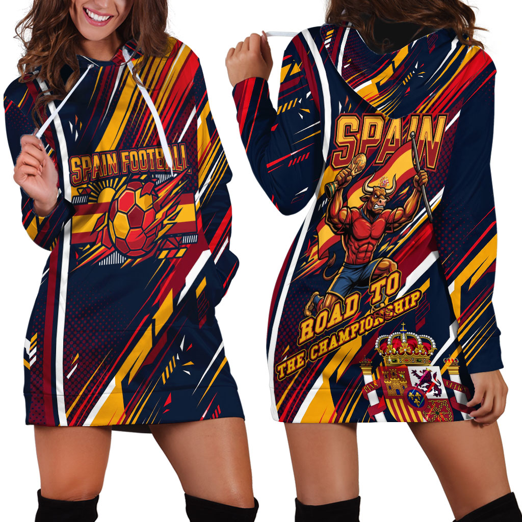 Spain Football Road To Championship Hoodie Dress Bull Mascot Flying Soccer Ball - Dynamic Speed Stripes