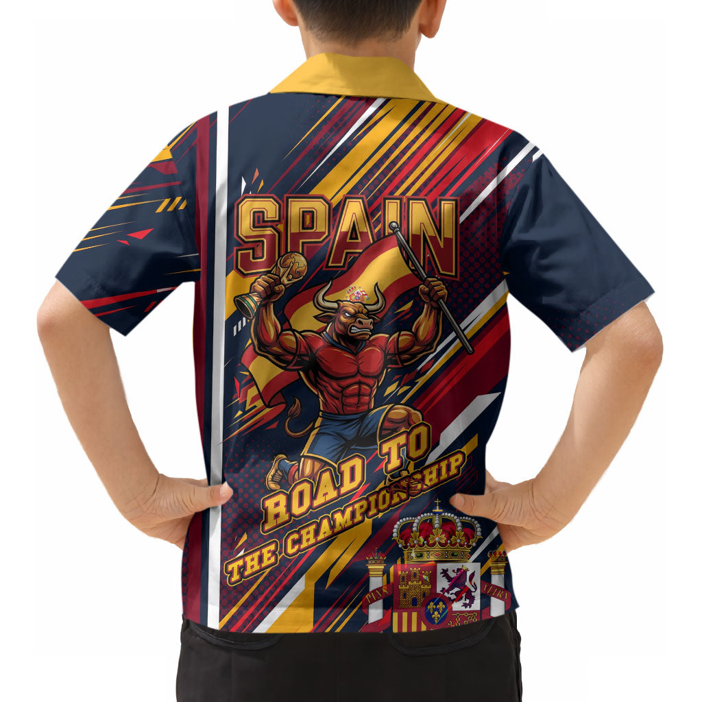 Spain Football Road To Championship Kid Hawaiian Shirt Bull Mascot Flying Soccer Ball - Dynamic Speed Stripes