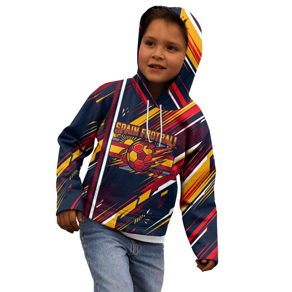 Spain Football Road To Championship Kid Hoodie Bull Mascot Flying Soccer Ball - Dynamic Speed Stripes