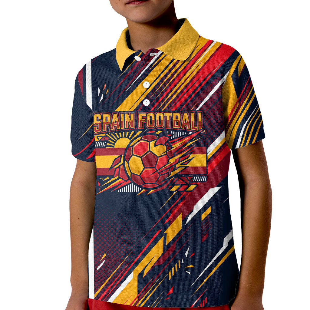 Spain Football Road To Championship Kid Polo Shirt Bull Mascot Flying Soccer Ball - Dynamic Speed Stripes