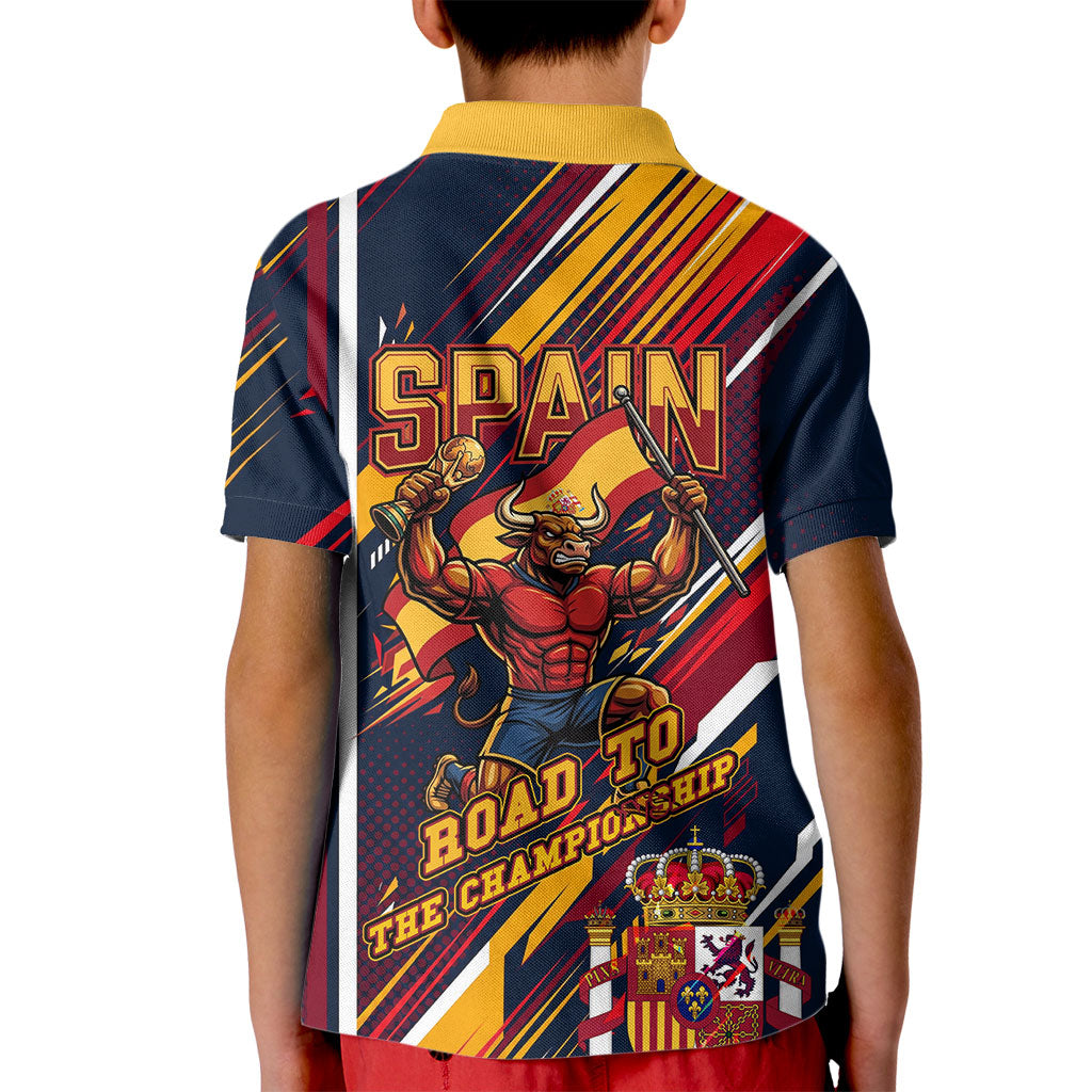 Spain Football Road To Championship Kid Polo Shirt Bull Mascot Flying Soccer Ball - Dynamic Speed Stripes