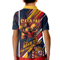 Spain Football Road To Championship Kid Polo Shirt Bull Mascot Flying Soccer Ball - Dynamic Speed Stripes