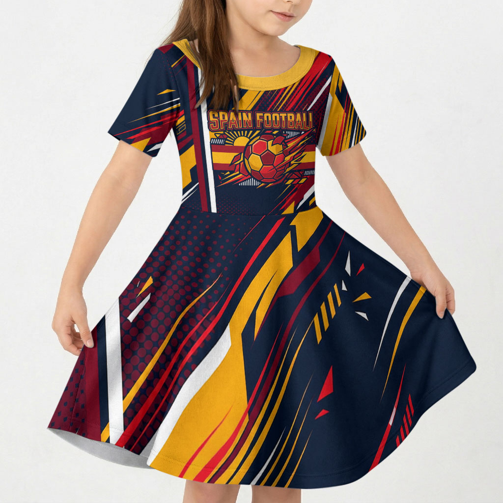 Spain Football Road To Championship Kid Short Sleeve Dress Bull Mascot Flying Soccer Ball - Dynamic Speed Stripes