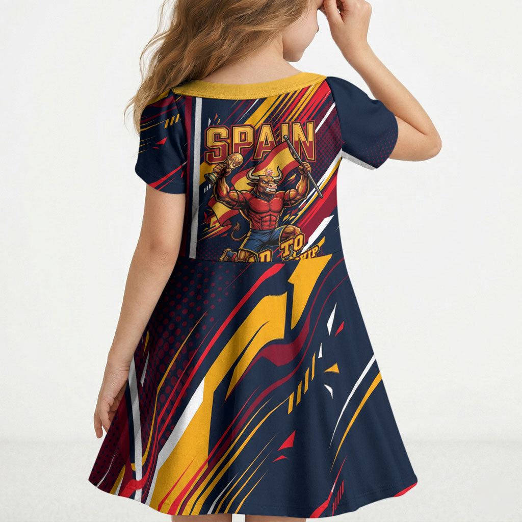 Spain Football Road To Championship Kid Short Sleeve Dress Bull Mascot Flying Soccer Ball - Dynamic Speed Stripes