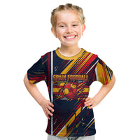 Spain Football Road To Championship Kid T Shirt Bull Mascot Flying Soccer Ball - Dynamic Speed Stripes