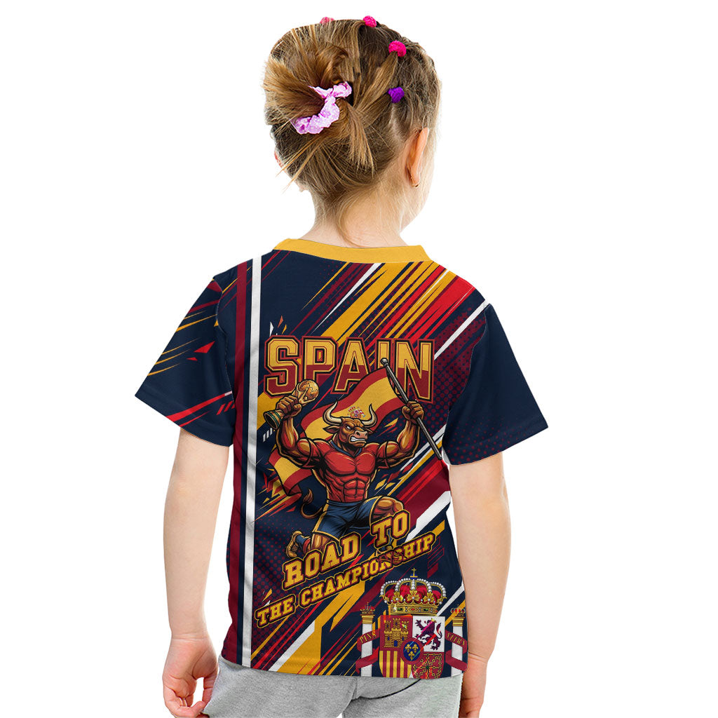 Spain Football Road To Championship Kid T Shirt Bull Mascot Flying Soccer Ball - Dynamic Speed Stripes