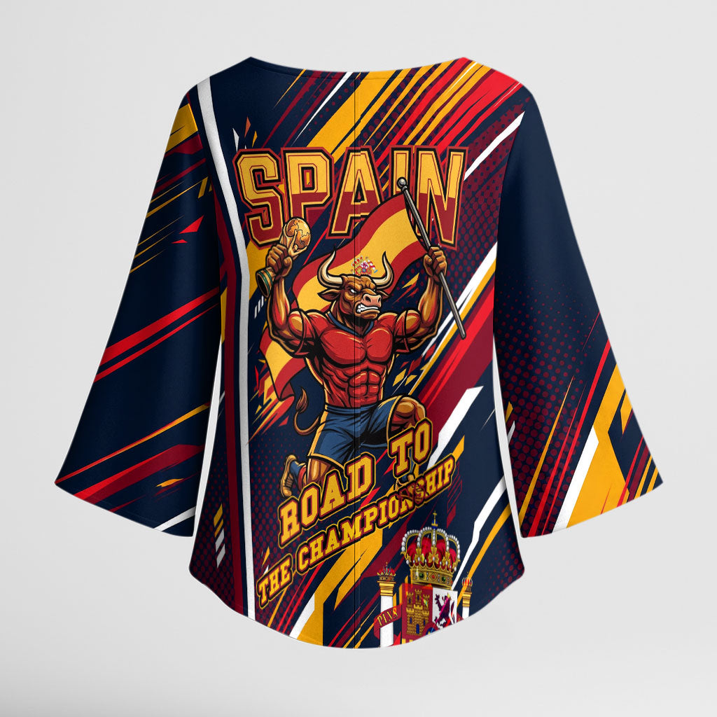 Spain Football Road To Championship Kimono Sleeve Blouse Bull Mascot Flying Soccer Ball - Dynamic Speed Stripes