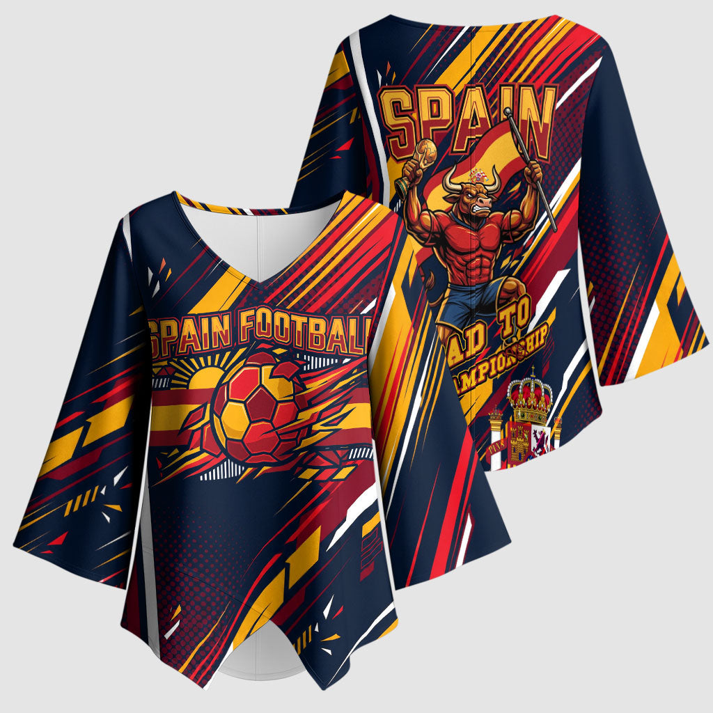 Spain Football Road To Championship Kimono Sleeve Blouse Bull Mascot Flying Soccer Ball - Dynamic Speed Stripes